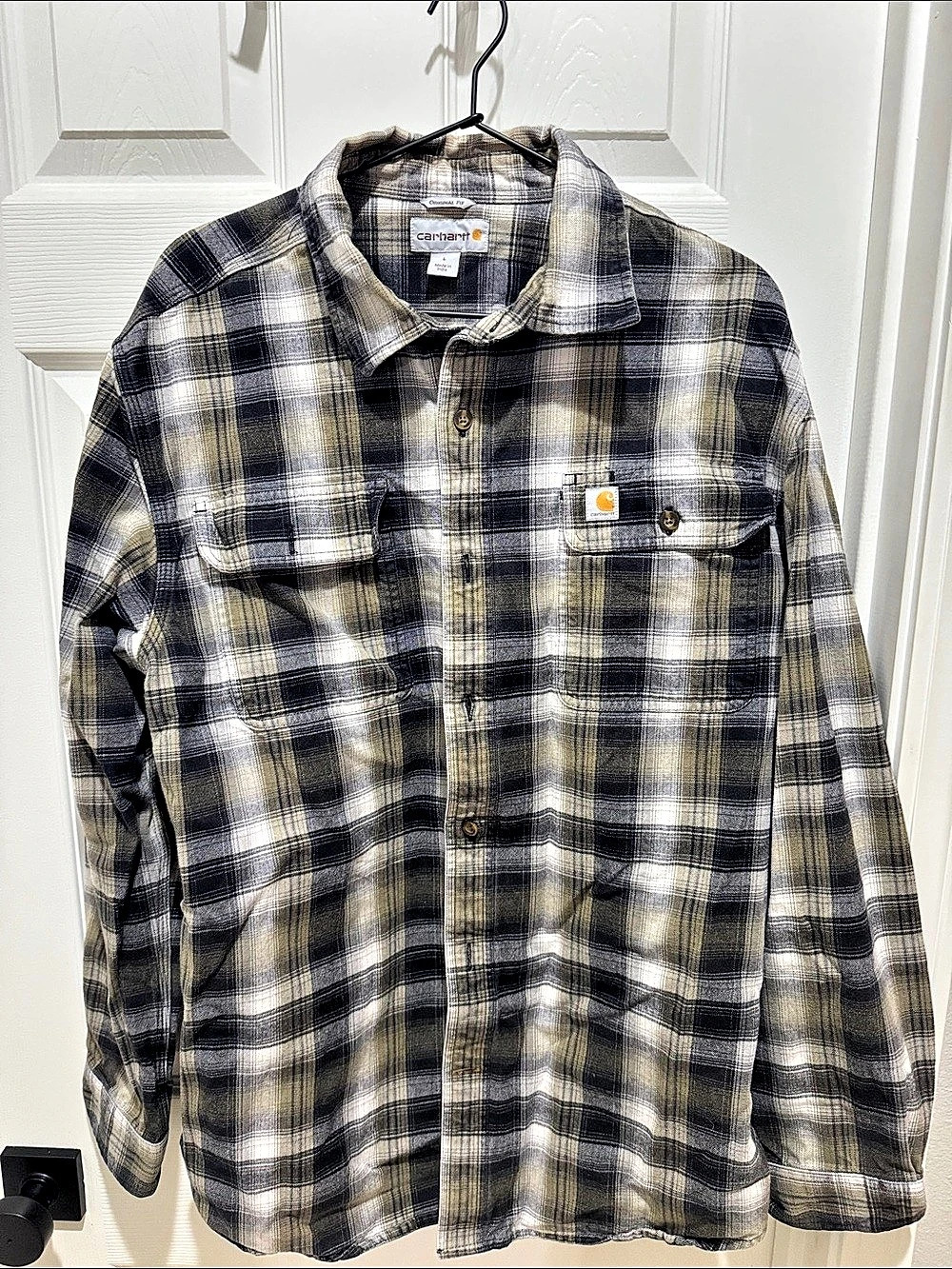 Carhartt Original Fit Plaid Flannel Long Sleeve Work Shirt Black & Tan Large